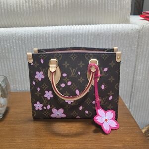 Brown Monogram Satchel with Pink Floral Accents